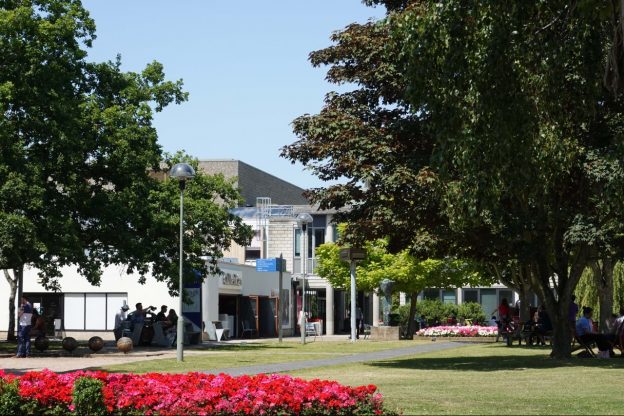 The Gulbenkian with red flowers at the forefront of the image.