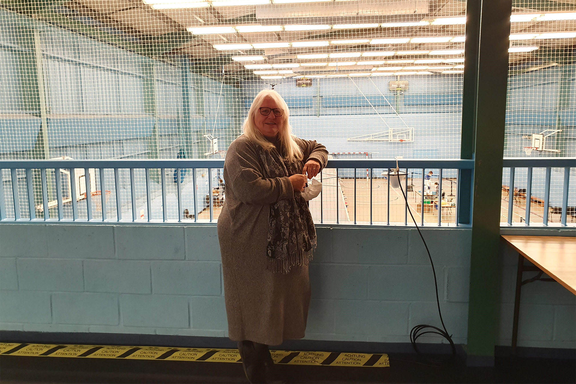 Becky Verlin in front of ATS, Canterbury campus